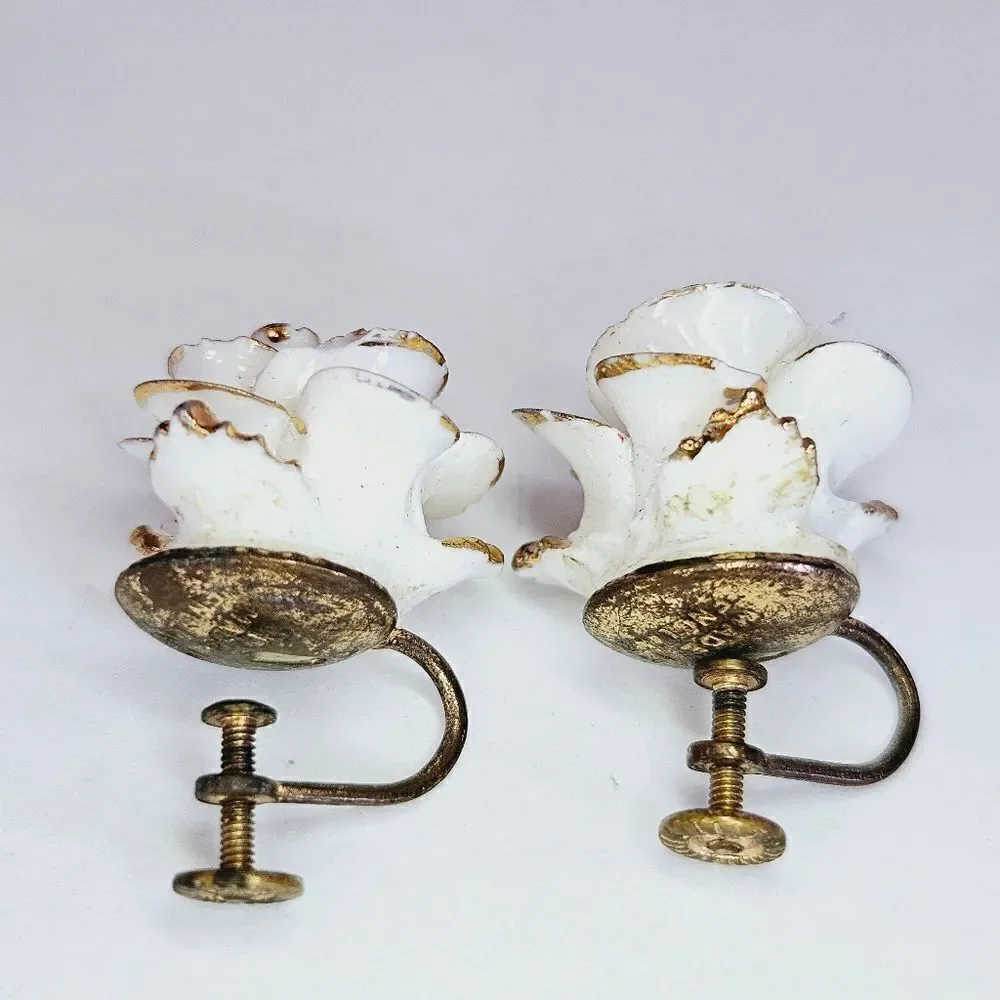 Vintage Porcelain White Rose Gold Accented Screw Back Earrings Made In England